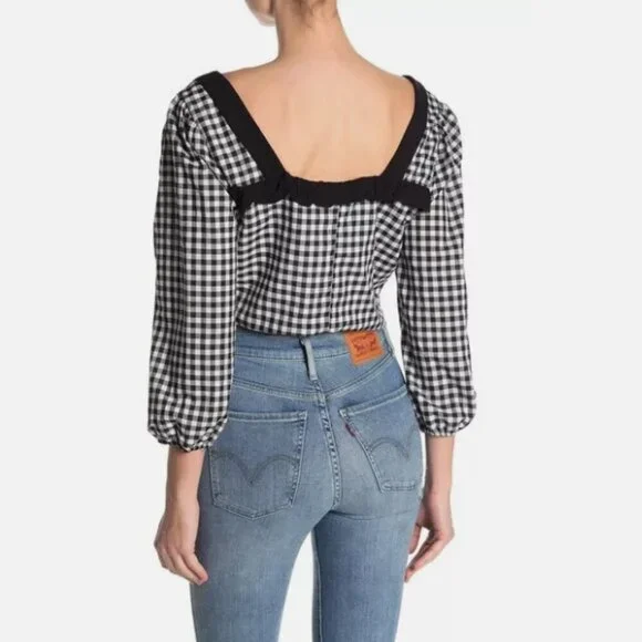 BCBGeneration Crop Top Ruffled Gingham Black White Blouse Top Shirt Sz M NWT - Picture 2 of 12
